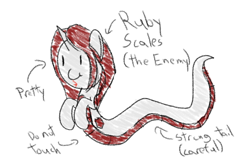 Size: 600x400 | Tagged: safe, artist:mightyshockwave, derpibooru import, oc, oc only, oc:ruby scales, lamia, original species, crayon, crayon drawing, cute, drawing, text, traditional art