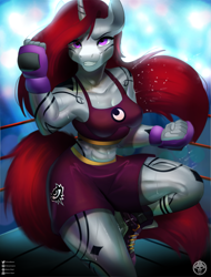 Size: 2249x2954 | Tagged: safe, artist:drawmaara, derpibooru import, oc, oc only, oc:selune darkeye, anthro, plantigrade anthro, unicorn, abs, body markings, boxing, boxing glove, boxing gloves, boxing ring, boxing shorts, coat markings, commission, cutie mark, female, flowing hair, flowing mane, flowing tail, horn, lights, looking at you, moon, muscles, muscular female, redhead, smiling, smiling at you, solo, sports, sweat, tail, unicorn oc