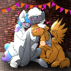 Size: 671x671 | Tagged: safe, artist:fruscha_pear, derpibooru import, oc, oc only, oc:mazz, oc:steam hooves, earth pony, pegasus, pony, blushing, candy, chest fluff, colored pupils, commission, cuddling, ear fluff, ears, eyebrows, eyelashes, eyes closed, floating heart, floppy ears, food, friends, gay, heart, lollipop, male, nuzzling, one eye closed, sitting, smiling, spread wings, stallion, stallion on stallion, trio male, wholesome, wings