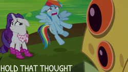 Size: 1280x720 | Tagged: safe, derpibooru import, edit, edited screencap, editor:quoterific, screencap, rainbow dash, rarity, bufogren, pegasus, pony, unicorn, season 8, the end in friend, spoiler:s08, crying, ears, female, floppy ears, flying, male, mare, open mouth, spread wings, tears of pain, wings