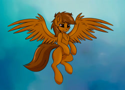 Size: 2153x1561 | Tagged: safe, artist:brushwork, derpibooru import, oc, oc:mazz, pegasus, pony, commission, cute, ear fluff, ears, floating, flying, open mouth, smiling, solo, spread wings, wings