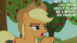 Size: 1280x720 | Tagged: safe, derpibooru import, edit, edited screencap, editor:quoterific, screencap, applejack, earth pony, pony, grannies gone wild, season 8, spoiler:s08, apple, apple tree, applejack's hat, clothes, cowboy hat, female, food, hat, mare, open mouth, solo, tree