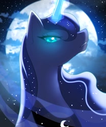 Size: 1500x1800 | Tagged: safe, artist:kyarameeru, derpibooru import, princess luna, pony, bust, cloud, female, full moon, glowing, glowing horn, horn, mare, moon, night, portrait, solo, stars