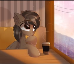 Size: 1078x922 | Tagged: safe, artist:janelearts, derpibooru import, oc, oc:mazz, pegasus, pony, bench, chocolate, coffee, coffee cup, commission, crossed hooves, cup, cute, food, hot chocolate, male, sitting, smiling, solo, stallion, steam, table, thinking
