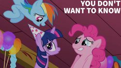 Size: 1280x720 | Tagged: safe, derpibooru import, edit, edited screencap, editor:quoterific, screencap, pinkie pie, rainbow dash, twilight sparkle, unicorn twilight, earth pony, pegasus, pony, unicorn, party of one, season 1, balloon, female, flying, grin, hat, mare, open mouth, open smile, party hat, smiling, trio