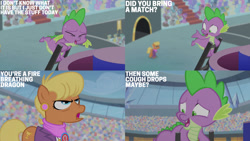 Size: 1280x720 | Tagged: safe, derpibooru import, edit, edited screencap, editor:quoterific, screencap, ms. harshwhinny, spike, dragon, earth pony, pony, equestria games (episode), season 4, duo, eyes closed, female, male, mare, open mouth, open smile, shrunken pupils, smiling, sweat