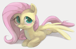 Size: 1251x810 | Tagged: safe, artist:dotkwa, derpibooru import, fluttershy, pegasus, pony, blushing, cute, female, lying down, mare, prone, shyabetes, simple background, smiling, solo, spread wings, white background, wings
