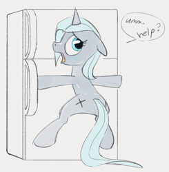 Size: 666x679 | Tagged: safe, artist:dotkwa, derpibooru import, oc, oc only, oc:polarity pop, pony, unicorn, adorable distress, cute, ears, female, floppy ears, help, looking back, magnetic, mare, open mouth, refrigerator, simple background, solo, speech bubble, white background