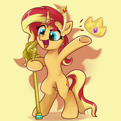 Size: 1280x1280 | Tagged: safe, artist:brella, derpibooru import, sunset shimmer, crown, jewelry, regalia, scepter, simple background, solo, yellow background