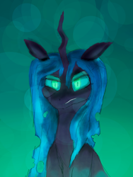 Size: 1920x2560 | Tagged: safe, artist:xelksor, derpibooru import, queen chrysalis, bust, green background, green eyes, horn, portrait, simple background