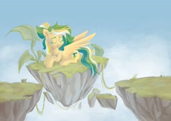 Size: 4096x2897 | Tagged: safe, artist:krista-21, derpibooru import, oc, oc only, pegasus, pony, eyes closed, floating island, relaxing, sleeping, solo