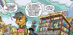 Size: 2261x1080 | Tagged: safe, artist:tonyfleecs, derpibooru import, idw, quibble pants, earth pony, pony, spoiler:comic, spoiler:friendship in disguise01, book, cloud, crossover, male, newspaper, newsstand, rainbow, stallion