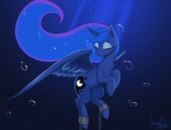 Size: 5000x3792 | Tagged: safe, artist:ccruelangel, derpibooru import, princess luna, alicorn, pony, blue background, blue mane, bubble, chains, colored pupils, crepuscular rays, cutie mark, depression, diving, ethereal mane, eyes closed, feather, female, flowing mane, high res, horn, mare, ocean, sad, signature, simple background, solo, sparkles, spread wings, starry mane, sunlight, tired, underwater, water, wings