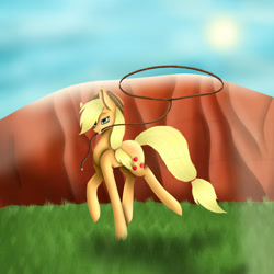 Size: 2449x2449 | Tagged: safe, artist:maneblue, derpibooru import, applejack, earth pony, pony, female, lasso, mare, mountain, mouth hold, outdoors, rope