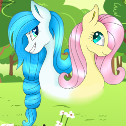 Size: 1000x1000 | Tagged: safe, artist:yulianapie26, derpibooru import, fluttershy, oc, earth pony, pegasus, pony, bust, duo, earth pony oc, eyelashes, grin, outdoors, smiling