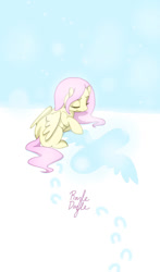 Size: 712x1213 | Tagged: safe, artist:razledazle, derpibooru import, fluttershy, pegasus, pony, eyes closed, female, mare, outdoors, signature, snow angel, solo, wings