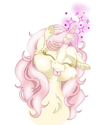 Size: 1091x1234 | Tagged: safe, artist:razledazle, derpibooru import, oc, oc only, pony, unicorn, :p, bust, chest fluff, cute, ear fluff, ears, eyelashes, eyes closed, female, glowing, glowing horn, horn, mare, not fluttershy, one ear down, simple background, solo, tongue, tongue out, unicorn oc, white background