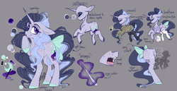 Size: 1320x683 | Tagged: safe, artist:pastelperyton, derpibooru import, oc, oc only, pony, unicorn, bow, female, gray background, horn, mare, reference sheet, simple background, tail, tail bow, unicorn oc