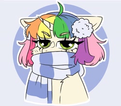 Size: 4005x3496 | Tagged: safe, artist:madkadd, derpibooru import, oc, oc only, pony, unicorn, abstract background, bust, clothes, eyelashes, horn, multicolored hair, rainbow hair, scarf, solo, striped scarf, unicorn oc