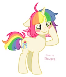 Size: 1156x1348 | Tagged: safe, artist:madkadd, derpibooru import, oc, oc only, pony, unicorn, base used, blush sticker, blushing, cheek squish, ears, eyelashes, female, floppy ears, full body, hoof on cheek, hooves, horn, mare, multicolored hair, multicolored mane, multicolored tail, rainbow hair, simple background, solo, squishy cheeks, standing, tail, unicorn oc, white background