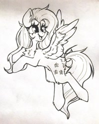 Size: 717x899 | Tagged: safe, artist:madkadd, derpibooru import, fluttershy, pegasus, pony, chest fluff, eyelashes, female, lineart, looking back, mare, pubic fluff, solo, traditional art, wings