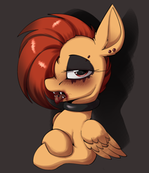 Size: 2028x2343 | Tagged: safe, artist:arume_lux, derpibooru import, oc, oc only, pegasus, pony, alternate hairstyle, blood, collar, fangs, goth, makeup, open mouth, tongue, tongue out, wings