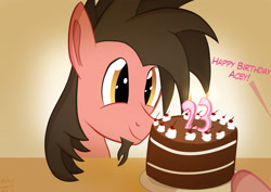 Size: 3508x2480 | Tagged: safe, artist:mrkat7214, derpibooru import, pinkie pie, oc, oc:ace play, earth pony, pony, birthday, cake, cherry, dialogue, facial hair, food, frosting, goatee, high res, male, offscreen character, plate, smiling, solo focus, stallion