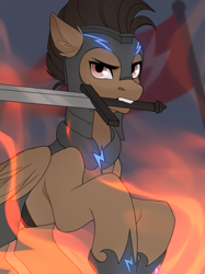 Size: 503x671 | Tagged: safe, artist:chamommile, derpibooru import, oc, oc:mazz, pegasus, pony, armor, badass, badass adorable, battlefield, clothes, cute, ear fluff, ears, ears up, fight, fire, flag, flying, folded wings, glowing, guard, helmet, jumping, lighting, mouth hold, raised hoof, raised leg, ready to fight, rearing, shoes, solo, sword, weapon, wings