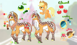 Size: 1280x752 | Tagged: safe, artist:malinraf1615, derpibooru import, applejack, caramel, earth pony, pony, alternate hairstyle, applejack's hat, carajack, chest fluff, clothes, coat markings, cowboy hat, duo, female, freckles, hat, male, mare, redesign, reference sheet, shipping, solo focus, stallion, straight, unshorn fetlocks