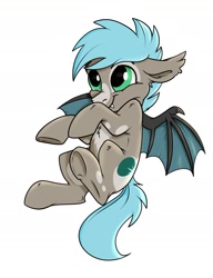 Size: 1400x1825 | Tagged: safe, artist:rutkotka, derpibooru import, oc, oc only, bat pony, pony, chest fluff, ears, floppy ears, happy, smiling, solo, spread wings, underhoof, wings