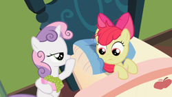Size: 1280x720 | Tagged: safe, derpibooru import, screencap, apple bloom, sweetie belle, earth pony, pony, unicorn, family appreciation day, bed, bow, bowl, female, filly, foal, food, grapes, hair bow, in bed, lidded eyes, out of context, smiling