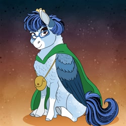 Size: 1280x1280 | Tagged: safe, artist:inisealga, derpibooru import, oc, oc only, oc:soaring spirit, abstract background, bag, cape, chest fluff, clothes, coat markings, colored hooves, colored wings, crown, facial markings, glasses, gradient background, jewelry, male, multicolored mane, multicolored tail, multicolored wings, neck fluff, ousama ranking, regalia, sitting, socks (coat marking), solo, stallion, tail, wings