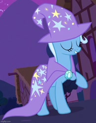 Size: 562x720 | Tagged: safe, derpibooru import, screencap, trixie, pony, unicorn, boast busters, season 1, brooch, cape, clothes, cropped, eyes closed, female, grin, hat, hooves, house, imgflip, jewelry, mare, night, outdoors, raised hoof, raised leg, shadow, smiling, solo, standing, trixie's brooch, trixie's cape, trixie's hat