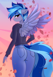 Size: 1968x2880 | Tagged: safe, artist:xjenn9, derpibooru import, oc, oc only, oc:pixi feather, anthro, pegasus, ass, blushing, breasts, butt, clothes, ears, female, floppy ears, hoodie, jeans, leaves, lidded eyes, looking at you, looking back, looking back at you, pants, smiling, solo, spread wings, wings, ych example, your character here