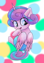 Size: 1075x1518 | Tagged: safe, artist:namaenonaipony, derpibooru import, princess flurry heart, alicorn, pony, baby, baby pony, cute, diaper, female, filly, flurrybetes, foal, looking back, polka dot background, solo