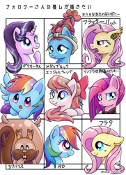 Size: 868x1200 | Tagged: safe, artist:namaenonaipony, derpibooru import, angel wings, fluttershy, meadowbrook, pinkie pie, rainbow dash, starlight glimmer, bat pony, earth pony, pegasus, pony, unicorn, alternate timeline, apinkalypse pie, bat ponified, chubbie, crystal war timeline, flutterbat, greedent, japanese, one of these things is not like the others, pinkamena diane pie, pokémon, race swap, simple background, species swap, white background