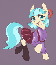 Size: 2590x3000 | Tagged: safe, artist:taytinabelle, edit, editor:anonymous, coco pommel, earth pony, pony, button-up shirt, clothes, cocobetes, cute, dock, ear fluff, ears, female, hair accessory, happy, high res, latex, latex clothes, looking at you, mare, open mouth, open smile, pleated skirt, purple background, raised hoof, raised leg, shirt, simple background, skirt, smiling, smiling at you, socks, solo