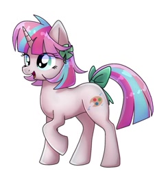 Size: 904x921 | Tagged: safe, artist:namaenonaipony, derpibooru import, oc, oc only, pony, unicorn, clover, four leaf clover, full body, hooves, horn, open mouth, open smile, raised hoof, raised leg, simple background, smiling, solo, standing, tail, unicorn oc, white background