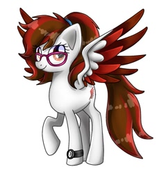 Size: 979x1010 | Tagged: safe, artist:namaenonaipony, derpibooru import, oc, oc only, pegasus, pony, colored wings, full body, glasses, hooves, pegasus oc, raised hoof, raised leg, shading, simple background, smiling, solo, spread wings, standing, tail, watch, white background, wings