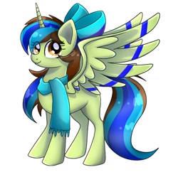 Size: 1044x1010 | Tagged: safe, artist:namaenonaipony, derpibooru import, oc, oc only, alicorn, pony, alicorn oc, bow, clothes, eye clipping through hair, full body, hair bow, hooves, horn, multicolored mane, multicolored tail, scarf, simple background, smiling, solo, spread wings, standing, tail, white background, wings