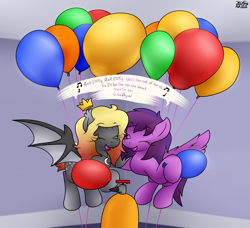 Size: 2454x2237 | Tagged: safe, artist:the-furry-railfan, derpibooru import, oc, oc only, oc:emilia starsong, bat pony, pegasus, balloon, bat pony oc, blowing up balloons, crown, cute, female, floating, helium tank, helium voice, indoors, inflating, jewelry, mare, regalia, singing, string