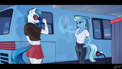 Size: 1280x720 | Tagged: safe, artist:apocheck13, derpibooru import, dj pon-3, trixie, vinyl scratch, anthro, unicorn, clothes, female, gas station, implied tail hole, van