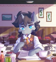 Size: 1971x2179 | Tagged: safe, artist:saxopi, derpibooru import, oc, oc only, semi-anthro, unicorn, bipedal, blue eyes, bottle, clothes, colored pupils, cup, day, eyelashes, flower, high res, horn, lighter, napkin, necktie, paper, picture frame, restaurant, seat, sitting, smoke, smoking, solo, table, thick eyebrows, white shirt