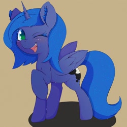 Size: 2048x2048 | Tagged: safe, artist:zokkili, derpibooru import, princess luna, alicorn, pony, brown background, female, filly, foal, looking at you, one eye closed, simple background, solo, starry eyes, wingding eyes, wink, winking at you, woona, younger