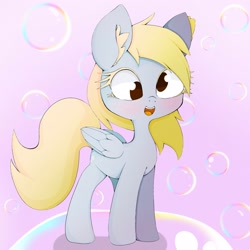 Size: 2048x2048 | Tagged: safe, artist:zokkili, derpibooru import, derpy hooves, pegasus, pony, bubble, female, open mouth, open smile, pink background, simple background, smiling, solo