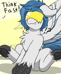 Size: 2100x2550 | Tagged: safe, artist:dracoflames, oc, oc only, oc:delta dart, hippogriff, hybrid, cheese, dialogue, hippogriff oc, male, meme, question mark, simple background, solo, talons, unshorn fetlocks, wings, ych result