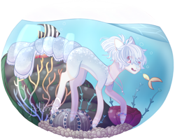 Size: 1024x820 | Tagged: safe, artist:xfrosting, derpibooru import, oc, oc only, earth pony, fish, pony, aquarium, bubble, commission, coral, jewelry, necklace, open mouth, pink eyes, seaweed, signature, simple background, smiling, solo, transparent background, underwater, water, ych result