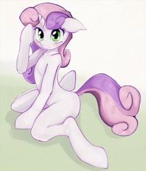 Size: 765x900 | Tagged: safe, alternate version, artist:zokkili, derpibooru import, sweetie belle, semi-anthro, unicorn, bipedal, blushing, female, gradient background, kneeling, looking at you, mare, older, older sweetie belle, solo