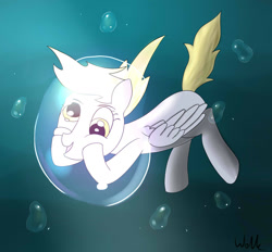 Size: 1294x1200 | Tagged: safe, artist:wolkiewicz, derpibooru import, derpy hooves, pegasus, pony, blue background, bubble, crepuscular rays, female, folded wings, glowing, golden eyes, mare, ocean, simple background, smiling, solo, sunlight, underwater, water, wings, yellow mane