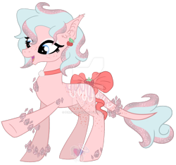 Size: 1280x1199 | Tagged: safe, artist:pure-blue-heart, derpibooru import, oc, original species, adoptable, bow, cherry, choker, closed species, ear piercing, earring, freckles, fruit, gemstone pony, gemstones, jewelry, piercing, pink, simple background, tail bow, transparent background